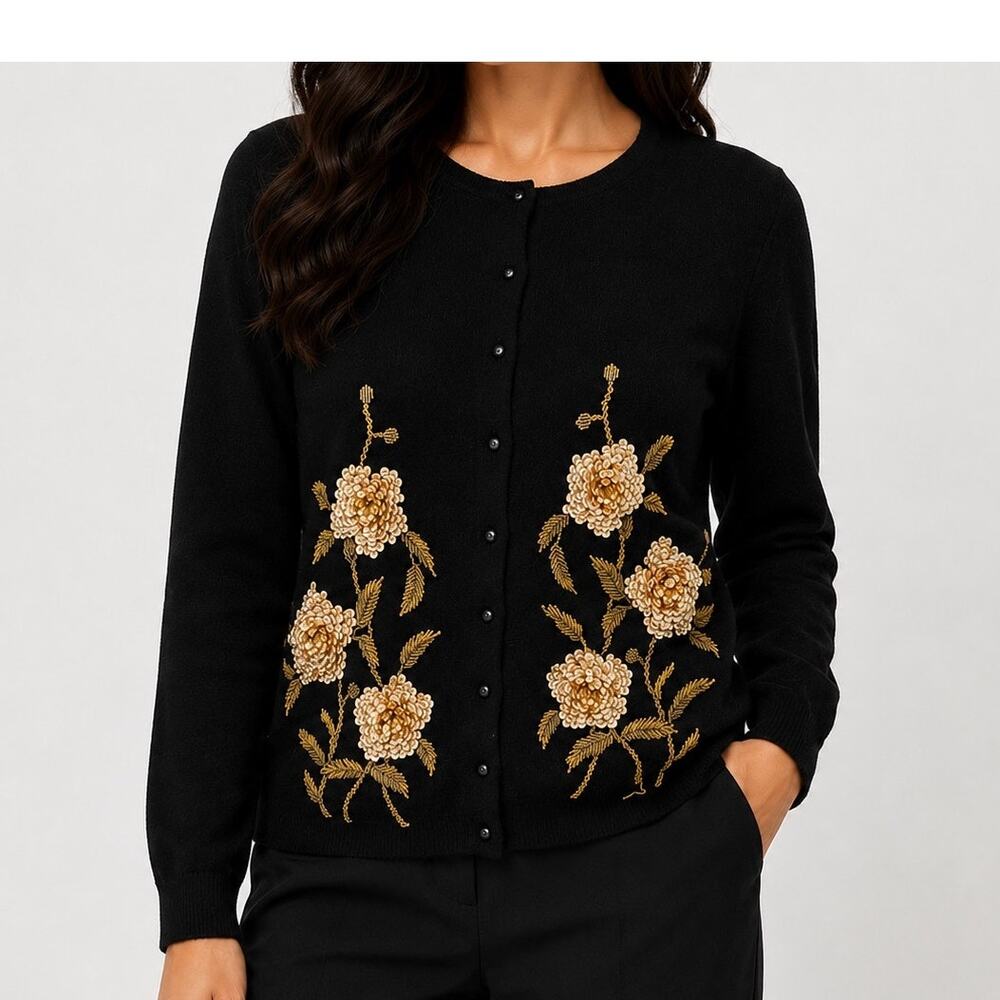 Vintage Wong Bros Hong Kong Cardigan Size 38 Black Gold Sequin Beaded Floral